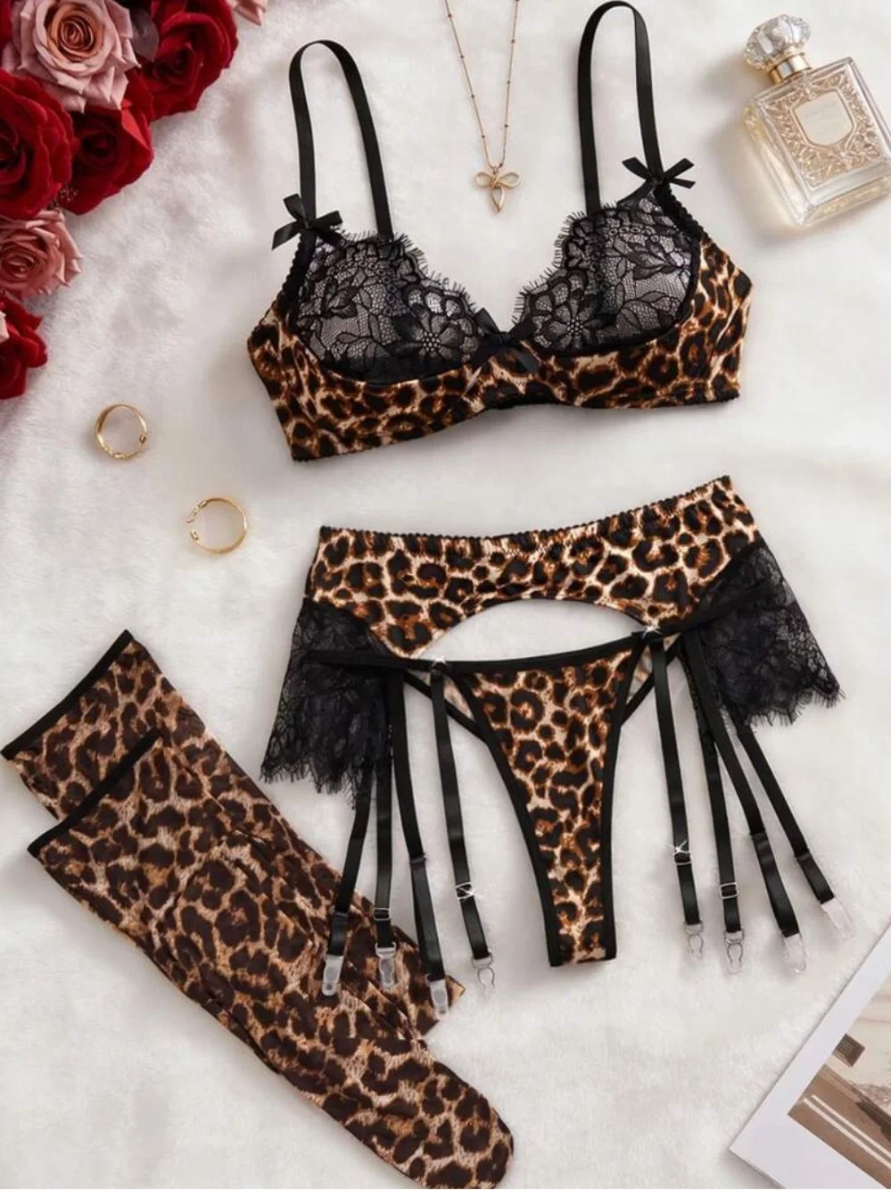 Leopard Print Lace Lingerie Set with Thigh-Highs